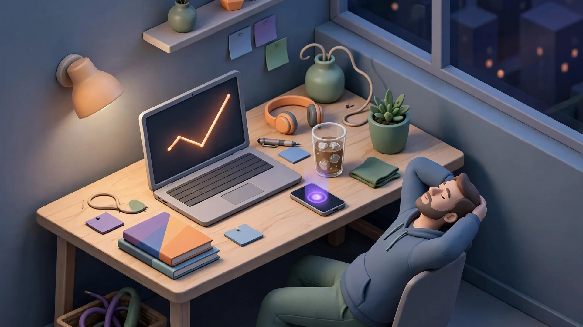 Late at night, a single engineer at a home desk leans back with relief: a laptop shows a simple line that drops sharply and then climbs back up, a ph…