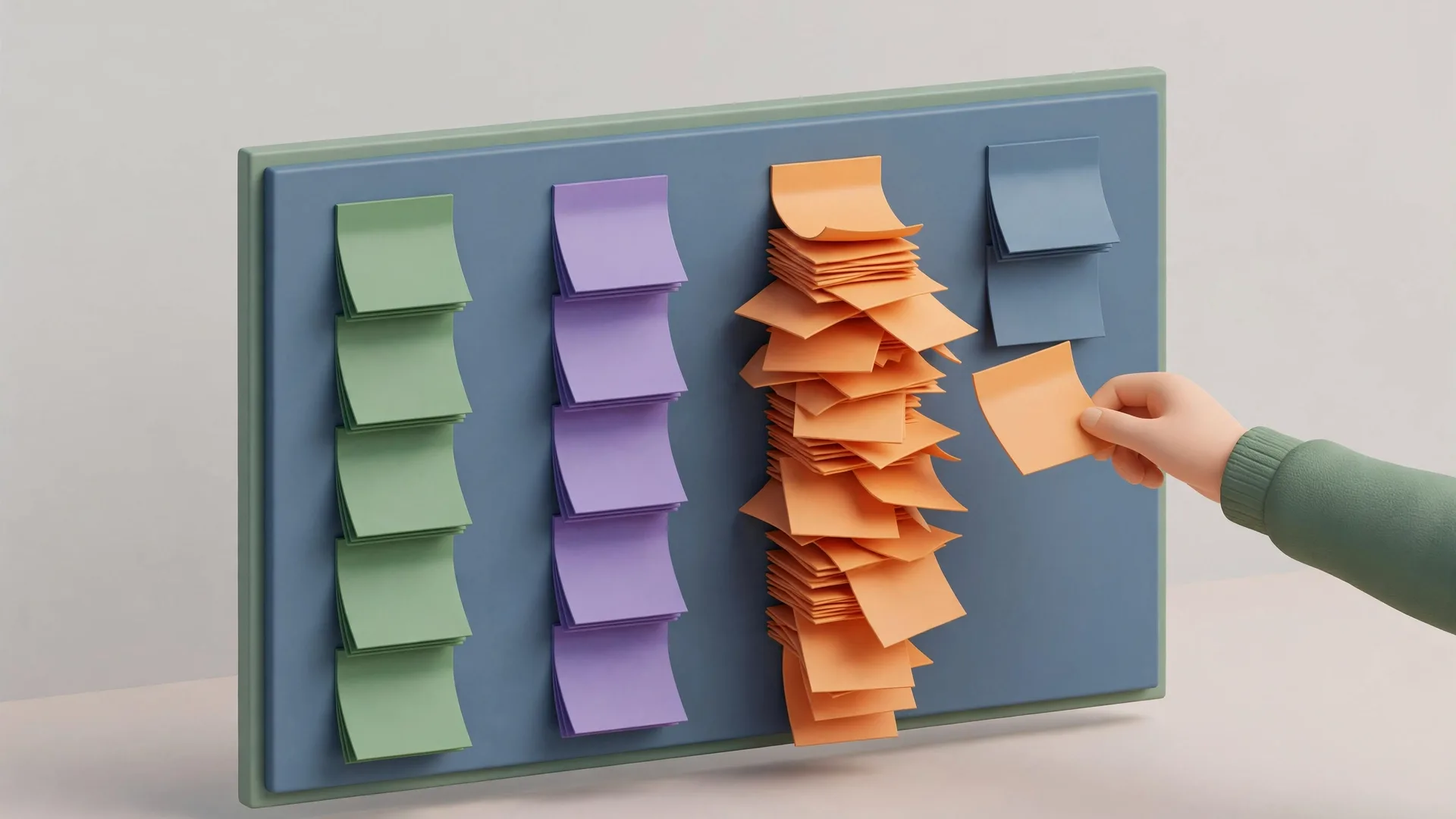 A wall board with four columns of sticky notes where the third column is overflowing while the last column holds only two notes; a hand pulls one not…