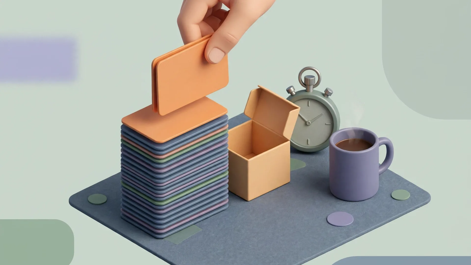 A hand lifts the top few cards from a tall, neatly ordered stack and places them into a small open box, with a stopwatch and a coffee mug beside it.