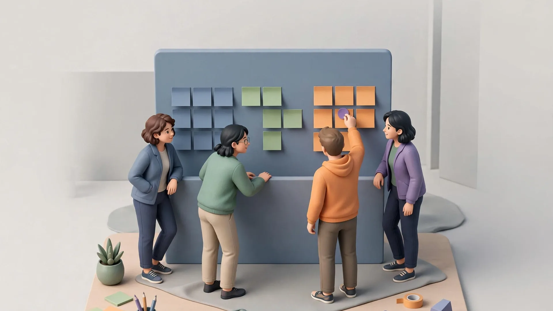 Four teammates stand at a wall of sticky notes sorted into three groups; one of them presses a small round vote sticker onto a note while the others…