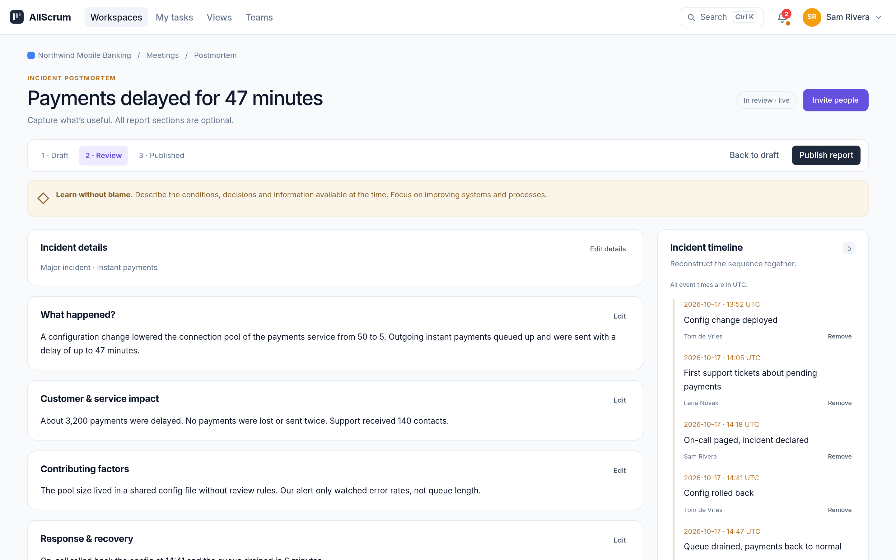 Payments delayed for 47 minutes postmortem in Review with a UTC timeline
